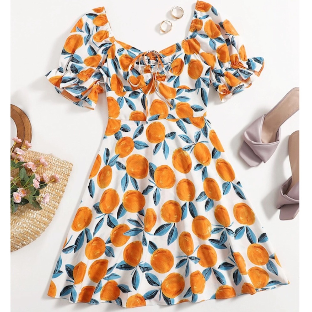 SHEIN Puff Sleeve Orange Fruit Print Dress- 4X